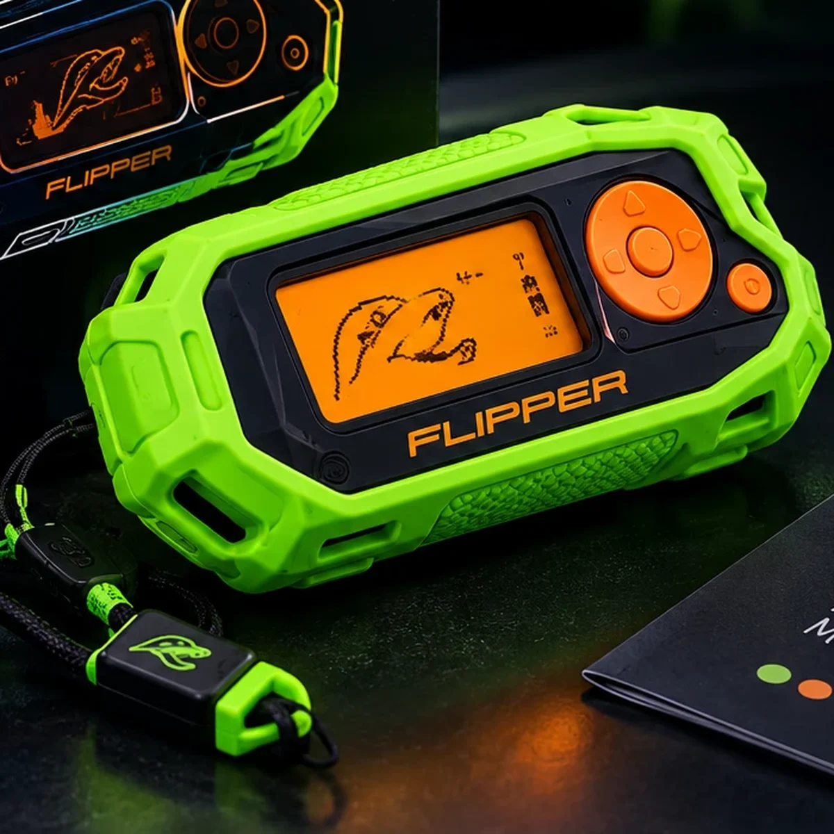 ChromaShell case in Cyber Lime on a Flipper Zero (product render)