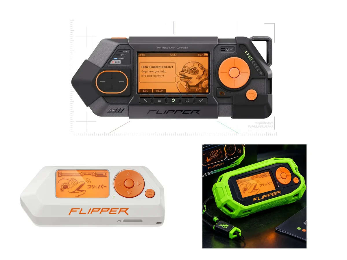 Flipper One, Flipper Zero and a Cyber Lime ChromaShell case together