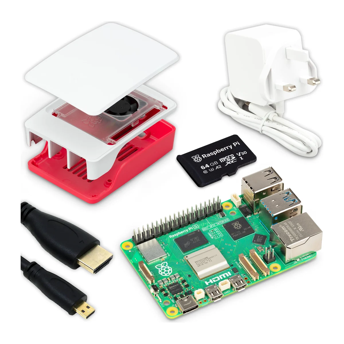 Raspberry Pi 5 starter kit: board, case, power supply, microSD card and HDMI cable
