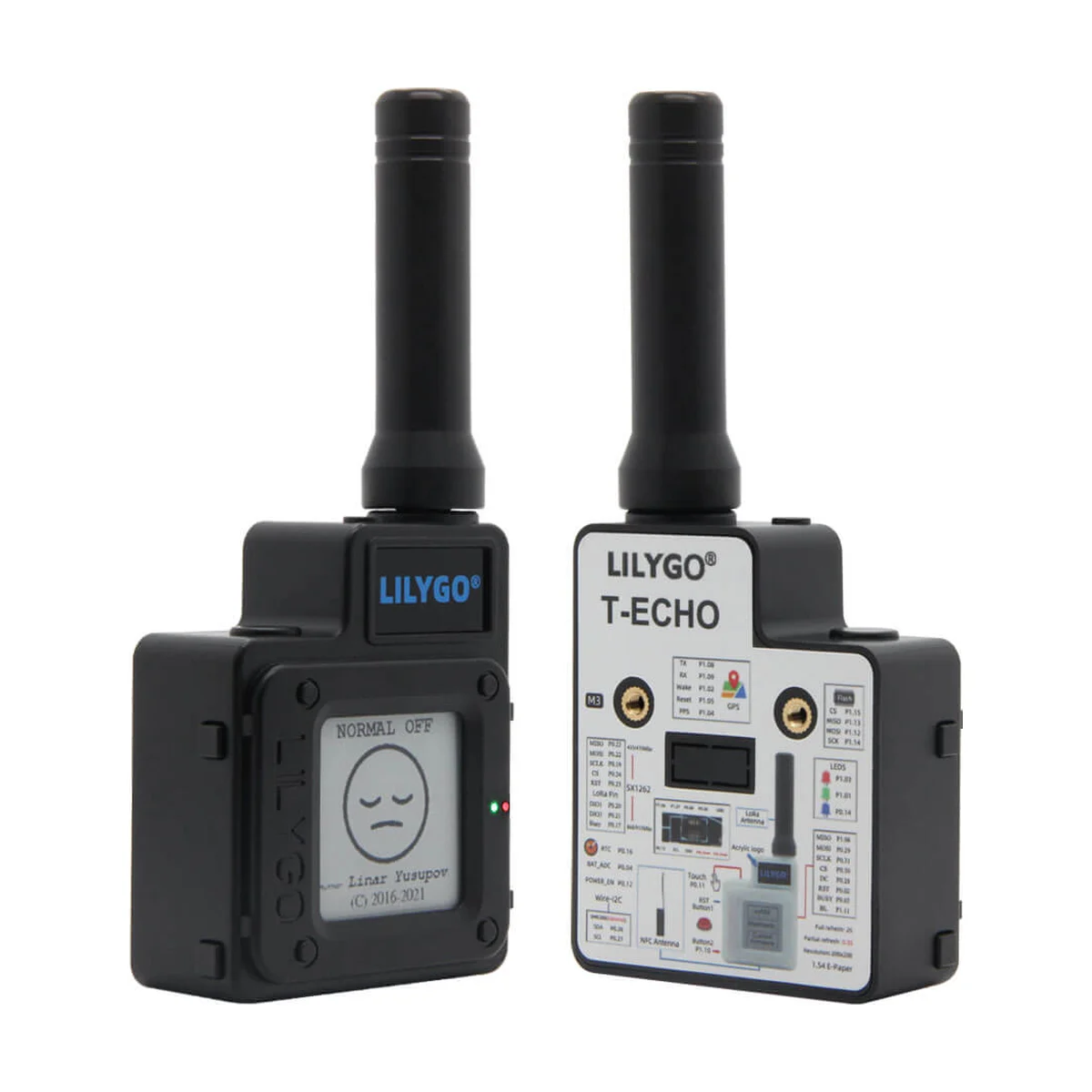 LilyGO T-Echo in black, front and back